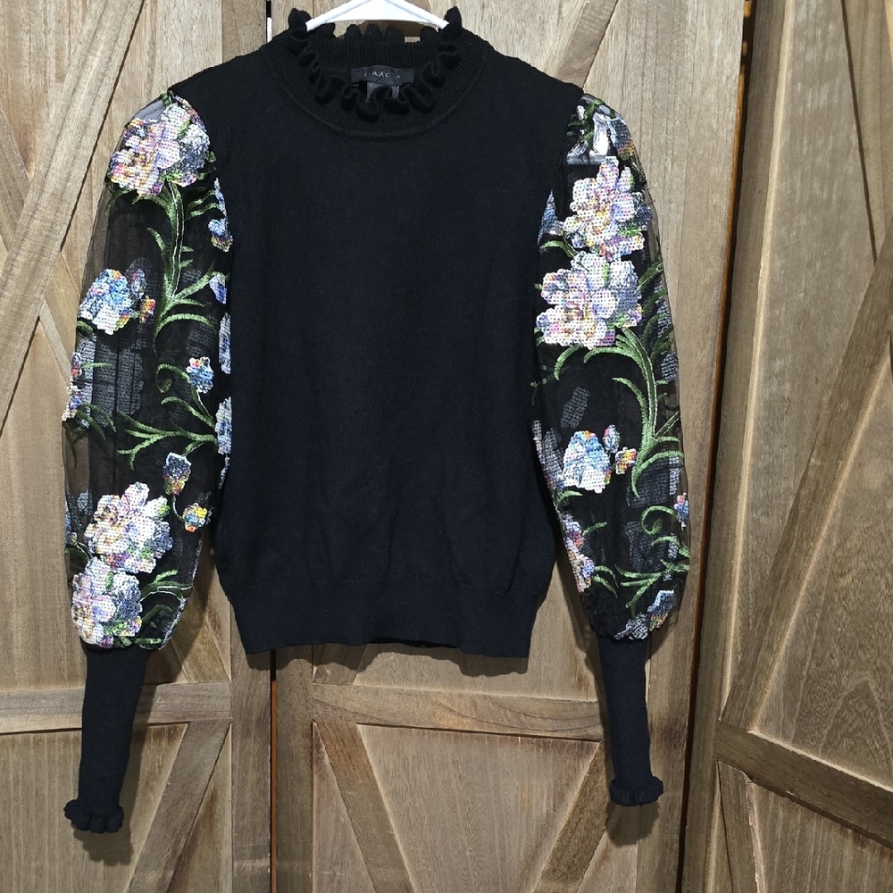 NWOT Gracia Blk Knit Sweater Sheer Floral Sequin Embelished Mesh Bishop Sleeve S